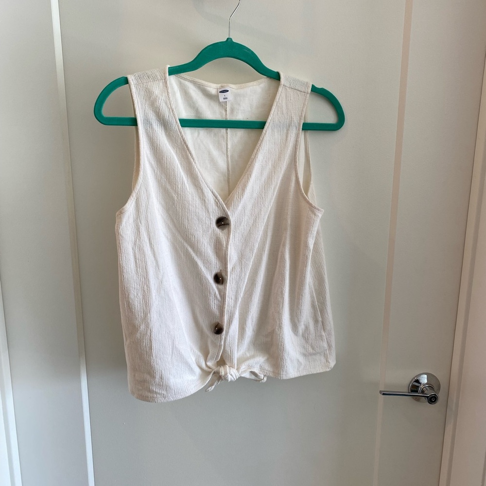 Button down, front tie sleeveless top